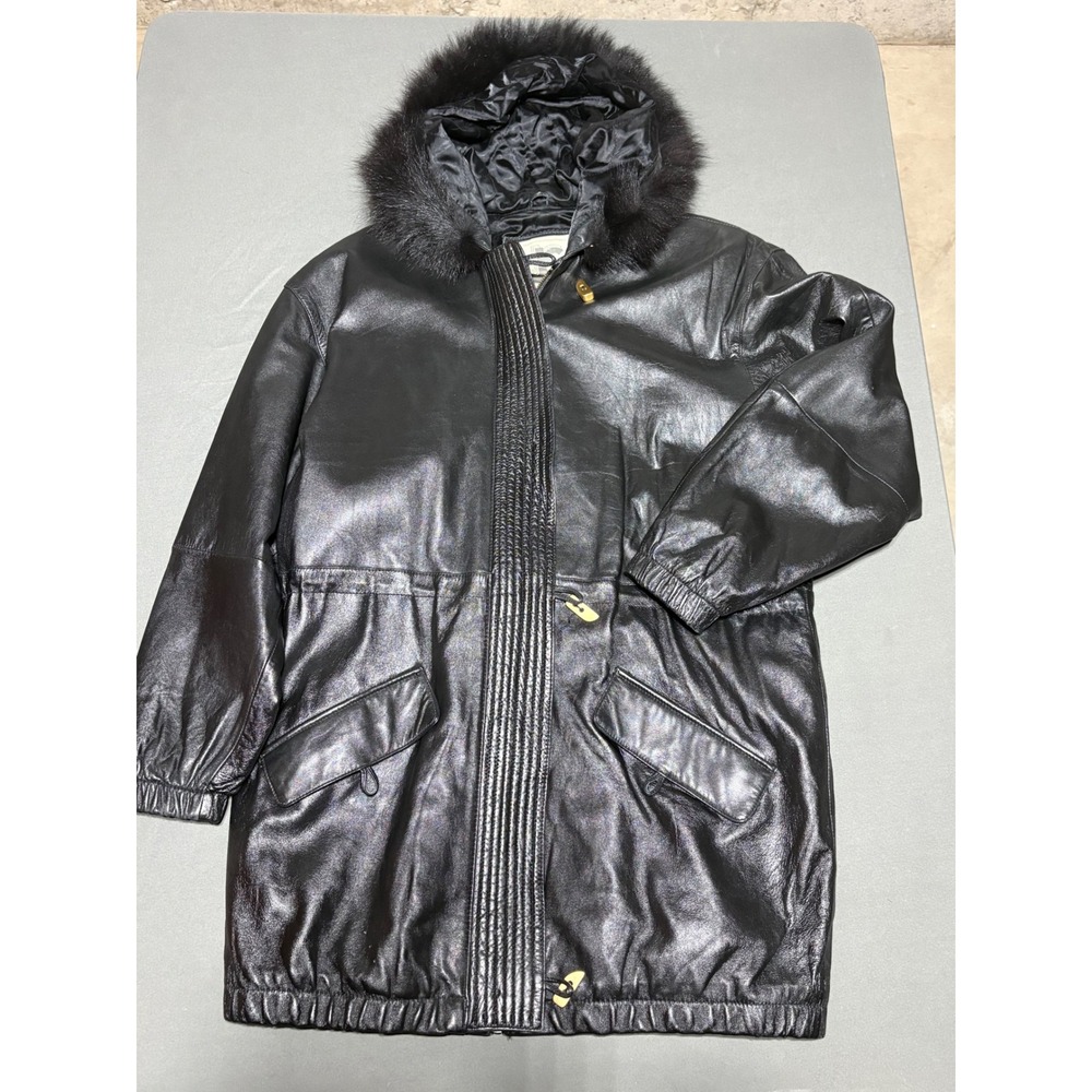 JC Black Leather Parka Hooded Fox Fur Trim Coat Vintage Medium